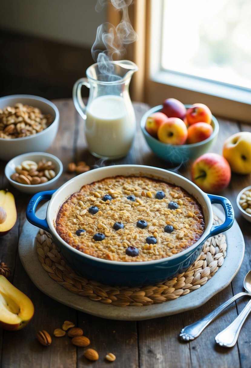 A rustic kitchen table set with a steaming dish of baked oatmeal, surrounded by fresh fruit, nuts, and a pitcher of milk