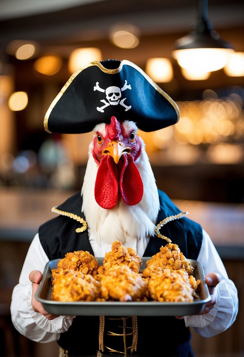 A rooster dressed as a pirate, holding a tray of baked chicken coated in Captain Crunch cereal