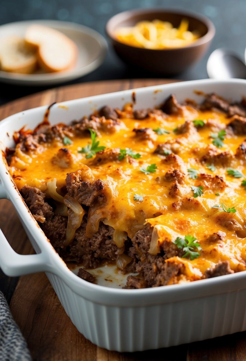 A bubbling casserole dish filled with layers of beef, caramelized onions, and gooey melted cheese, fresh out of the oven