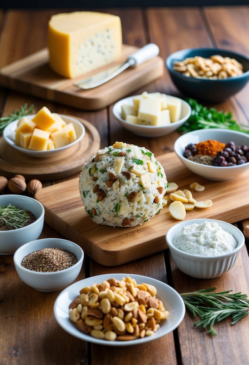 A wooden table with a variety of cheese ball ingredients - cheese, herbs, nuts, and spices - arranged in small bowls and on cutting boards