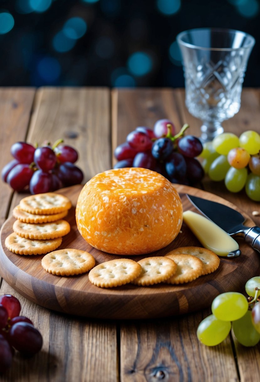 A wooden cheese board with a classic cheddar cheese ball surrounded by crackers, grapes, and a cheese knife