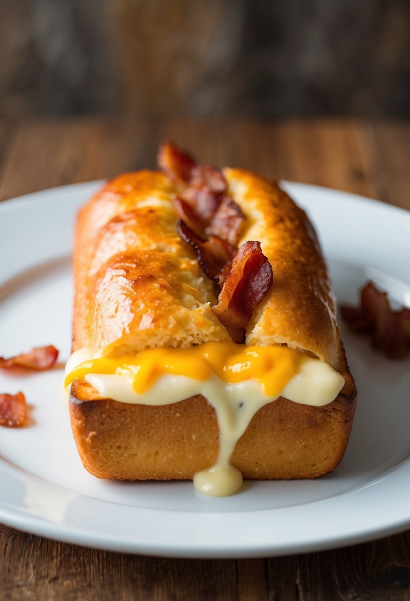 A golden brown cob loaf filled with creamy cheese and crispy bacon, fresh out of the oven