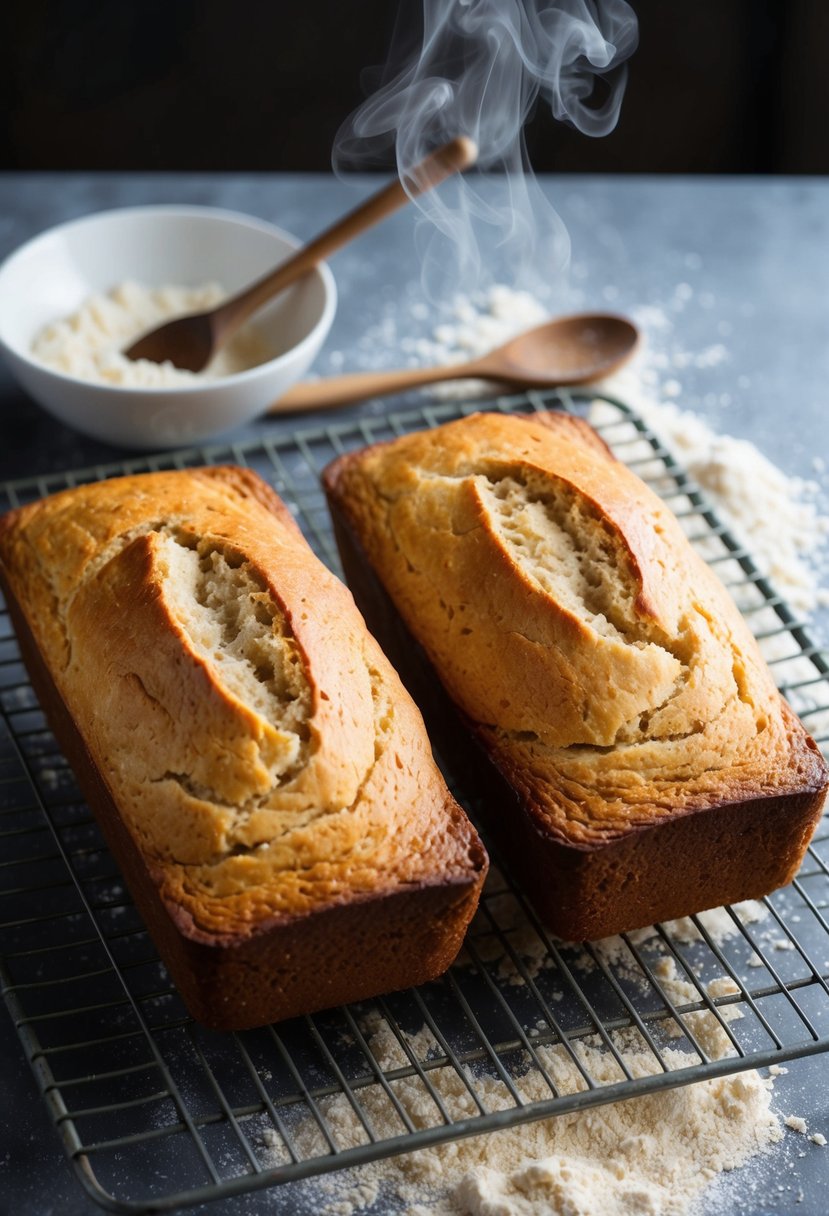 Two golden quick bread loaves cooling on a wire rack, steam rising, surrounded by scattered flour and a wooden spoon