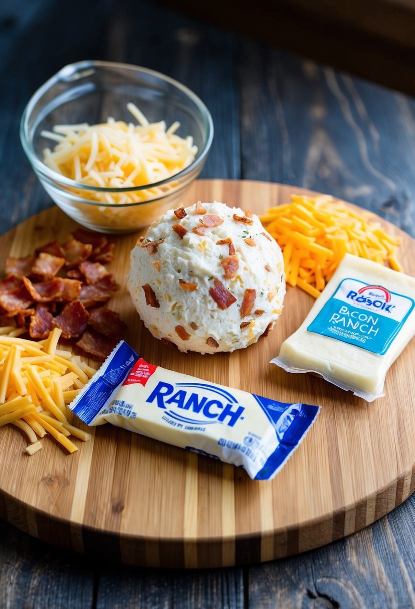 A wooden cutting board with ingredients for a Bacon Ranch Cheese Ball: cream cheese, bacon bits, shredded cheese, and a packet of ranch seasoning