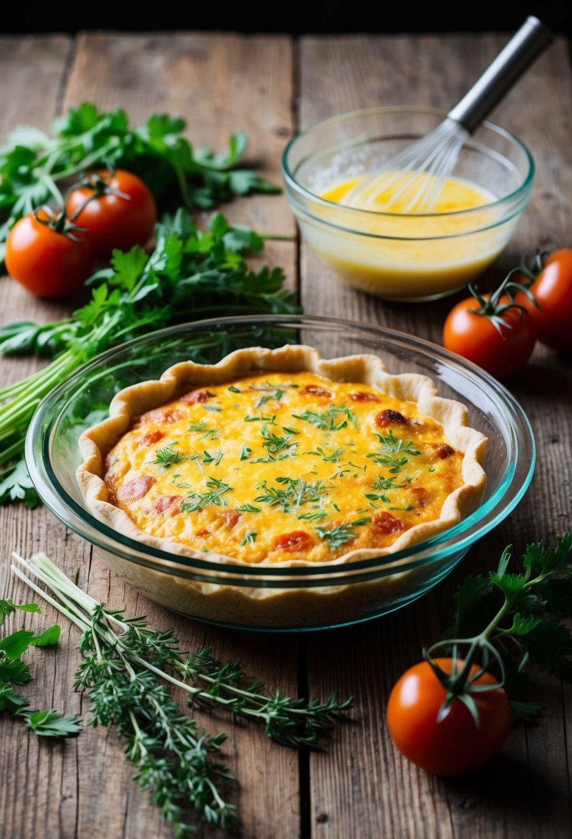 A golden-brown quiche sits on a rustic wooden table, surrounded by fresh herbs, tomatoes, and a whisked egg mixture in a glass bowl