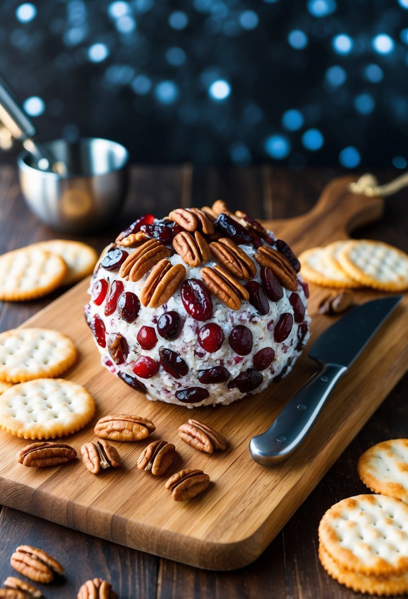 A wooden cutting board with a round cheese ball covered in cranberries and pecans, surrounded by cheese knives and crackers