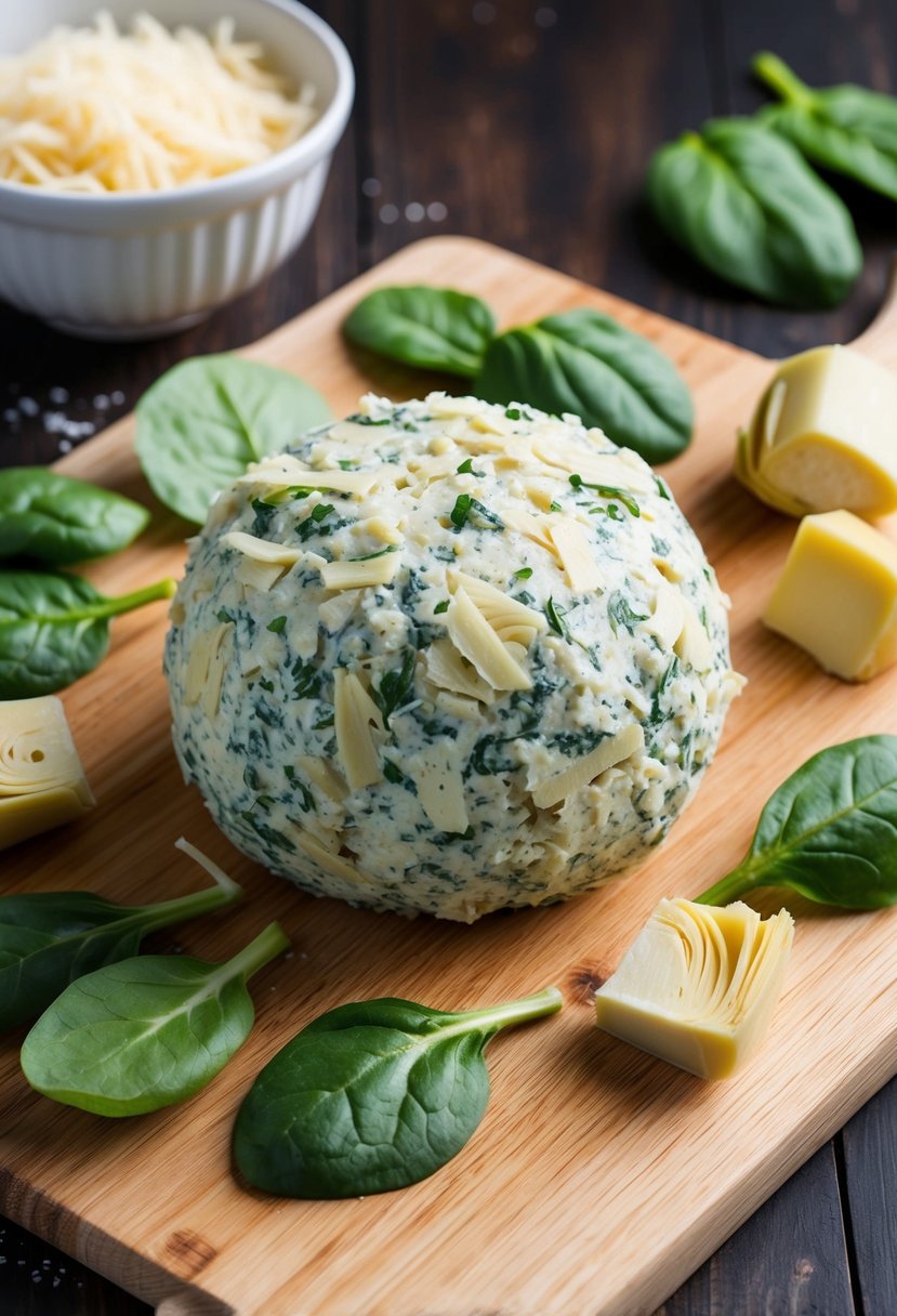 A wooden cutting board with a round spinach artichoke cheese ball surrounded by ingredients like spinach leaves, artichoke hearts, and shredded cheese