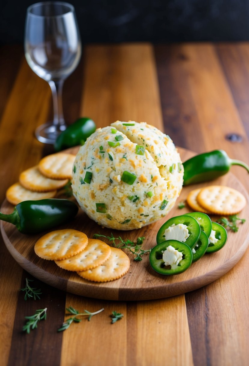 A wooden cheese board with a large jalapeño popper cheese ball surrounded by crackers, jalapeño slices, and herbs