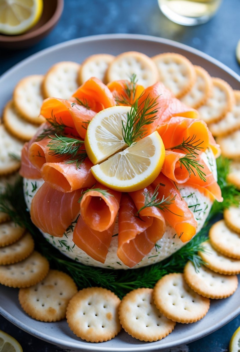 A round cheese ball covered in smoked salmon slices, surrounded by crackers and garnished with fresh dill and lemon slices