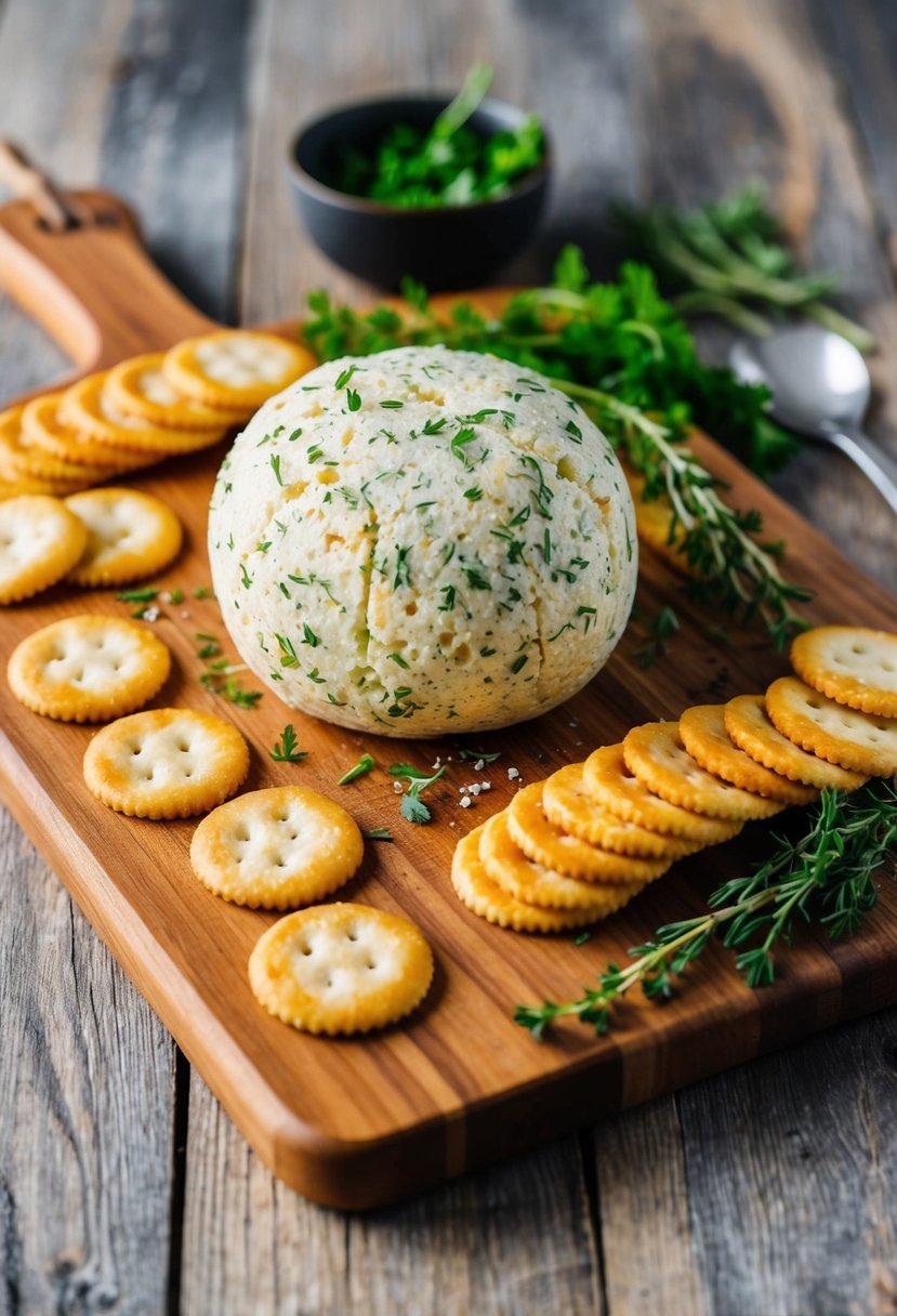 A wooden cutting board with a round garlic herb cheese ball surrounded by assorted crackers and fresh herbs