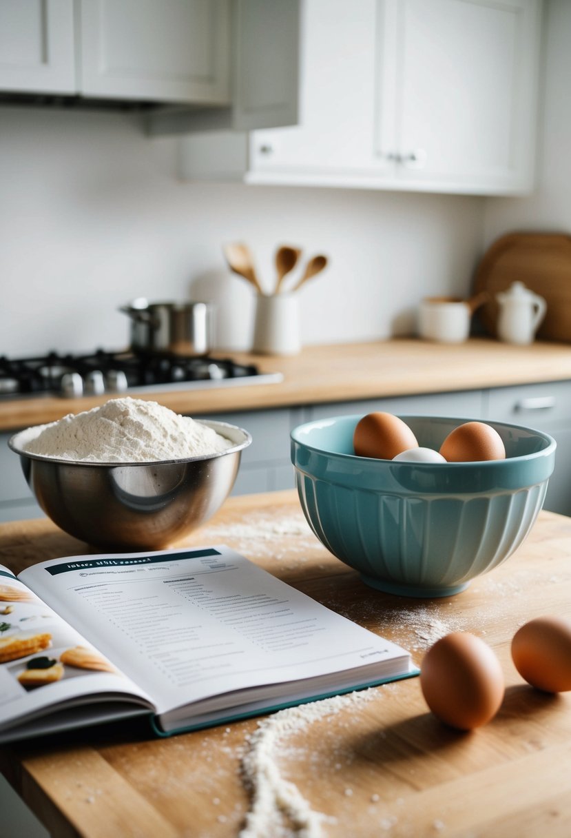 A kitchen counter with flour, eggs, and a mixing bowl. A recipe book open to a simple baking recipe