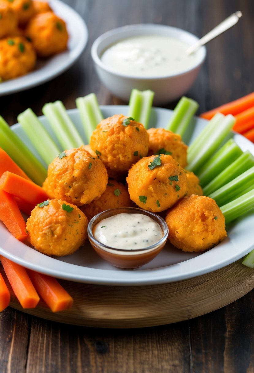 A platter of buffalo chicken cheese balls surrounded by celery and carrot sticks, with a side of ranch dressing for dipping