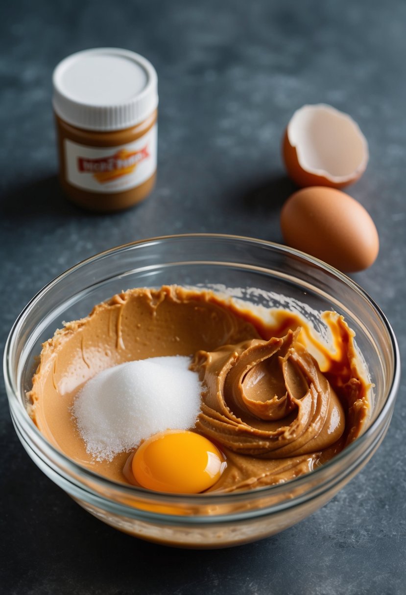 A mixing bowl with peanut butter, sugar, and an egg