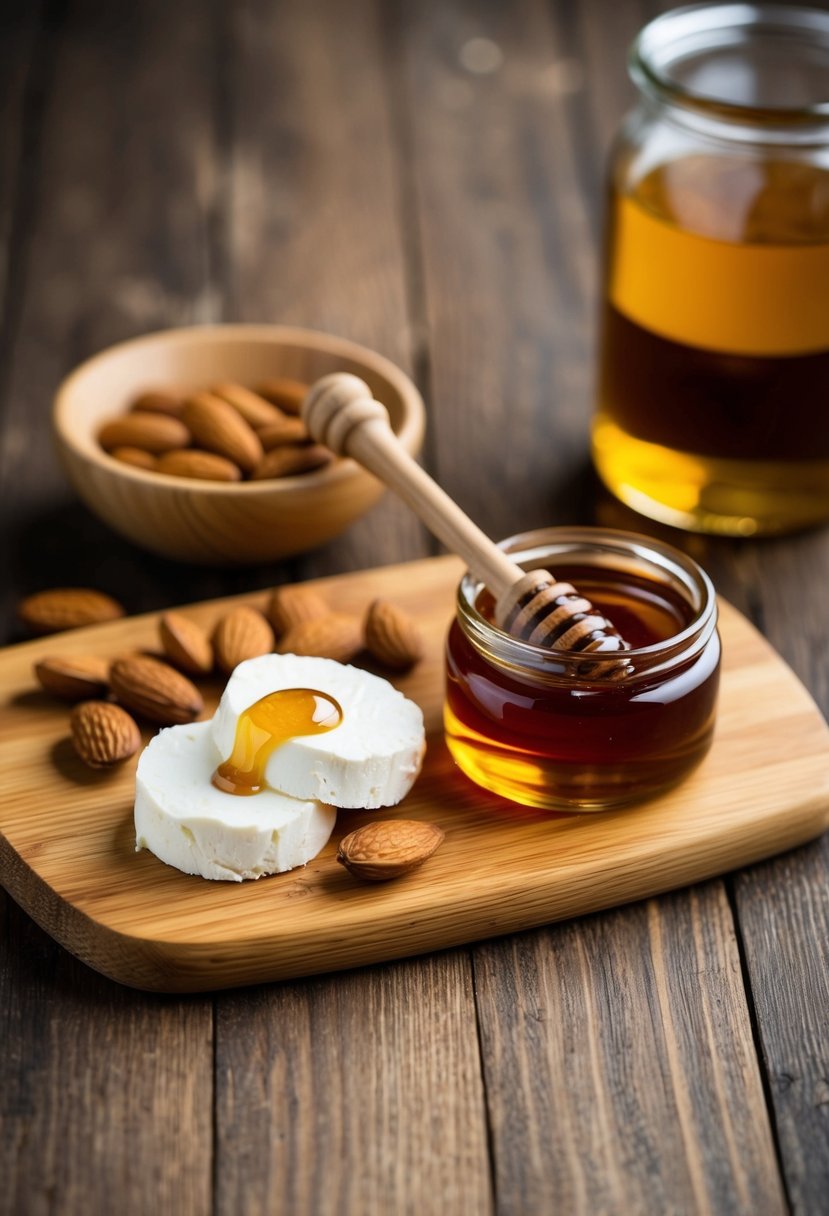 A wooden cutting board with honey, almonds, and cream cheese