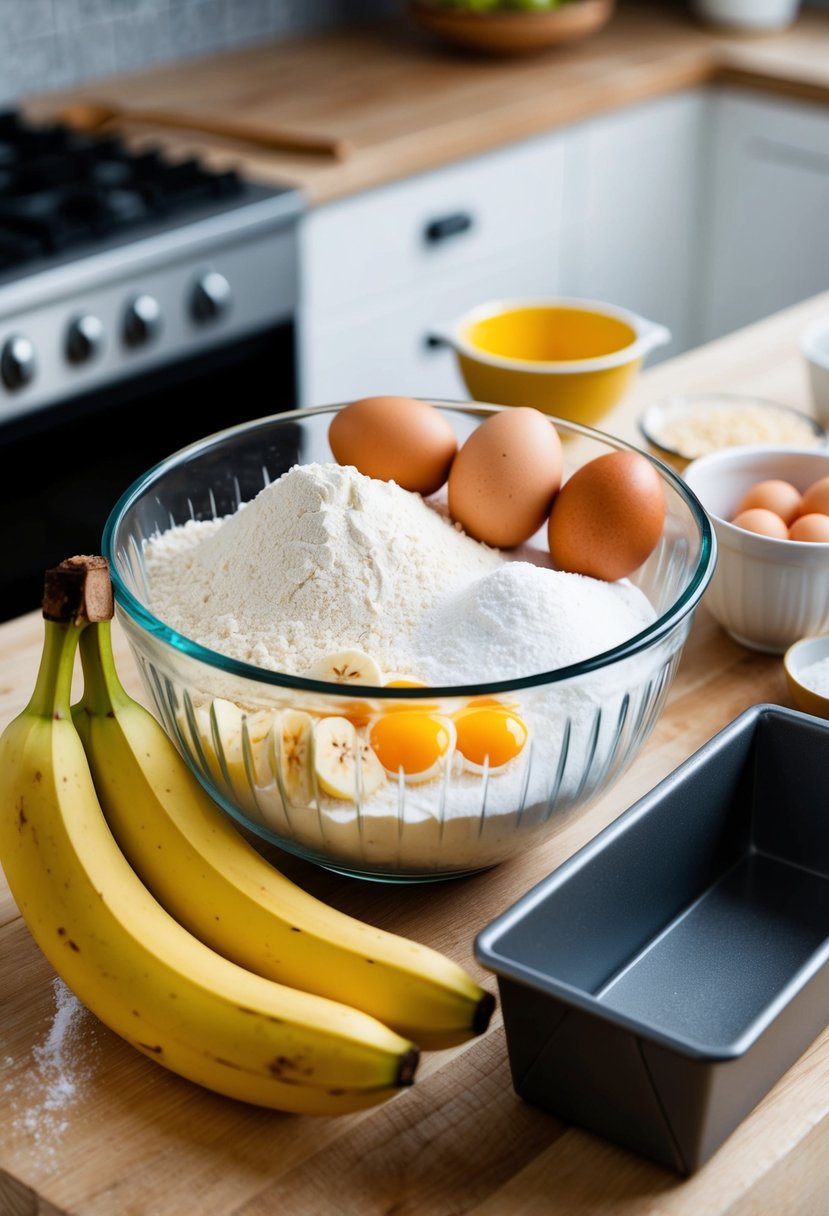 A mixing bowl with ripe bananas, flour, sugar, eggs, and baking soda. A wooden spoon and loaf pan on a kitchen counter