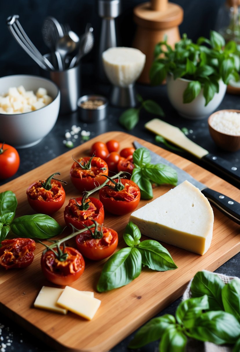 A wooden cutting board with sundried tomatoes, basil leaves, and cheese, surrounded by various kitchen utensils and ingredients