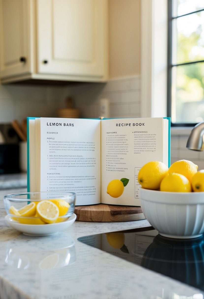 A kitchen counter with ingredients for lemon bars and a recipe book open to a simple baking recipe