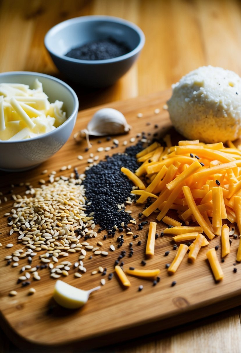 A wooden cutting board with scattered sesame seeds, poppy seeds, garlic, and cream cheese. A bowl with shredded cheddar and a cheese ball