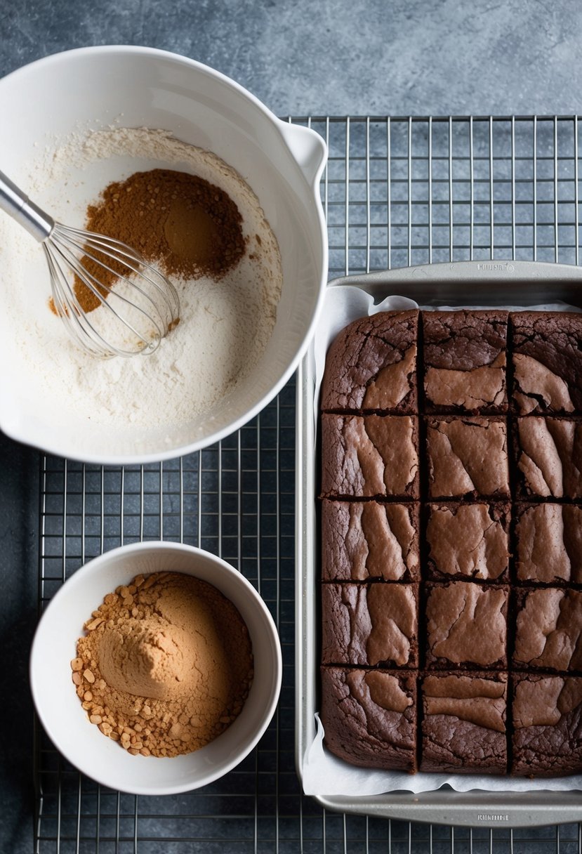 A mixing bowl filled with flour, sugar, and cocoa powder sits next to a tray of freshly baked chocolate brownies cooling on a wire rack