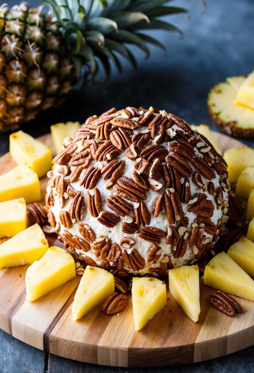 A round cheese ball covered in crushed pecans and surrounded by pineapple chunks and slices on a wooden cutting board