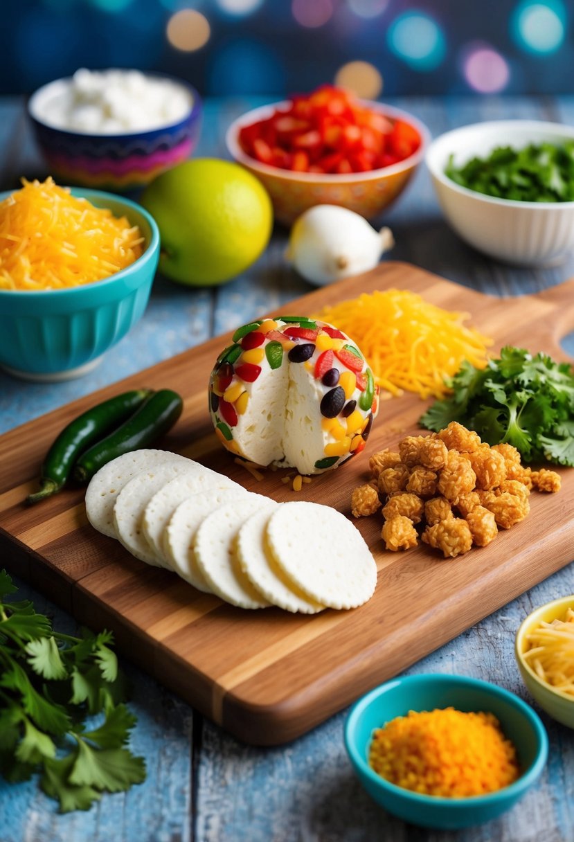 A colorful spread of Mexican Fiesta Cheese Ball ingredients on a wooden cutting board