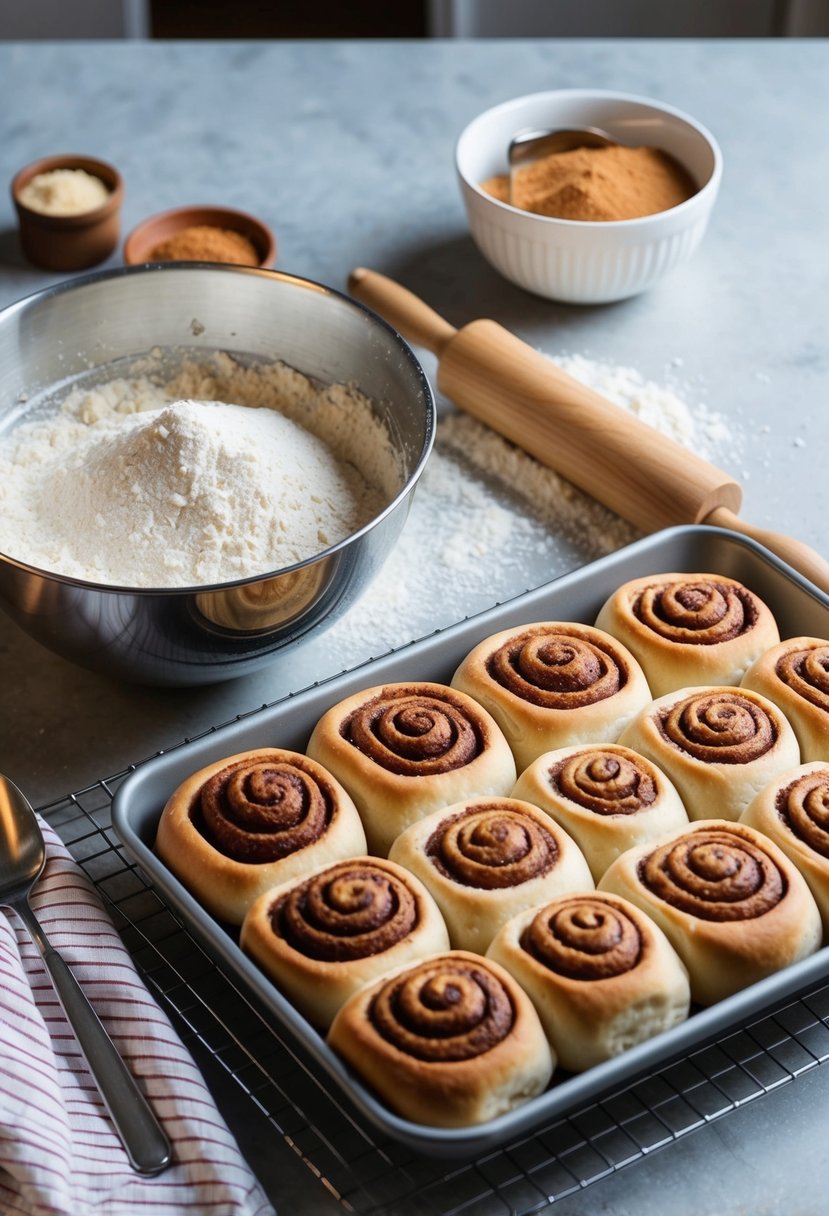 A mixing bowl filled with flour, sugar, and cinnamon. A rolling pin and dough on a floured surface. A tray of freshly baked cinnamon rolls cooling on a wire rack