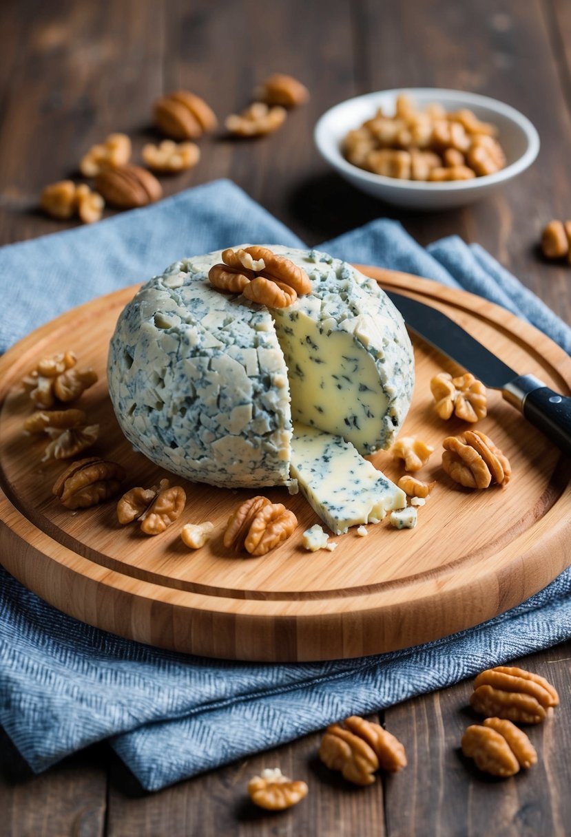 A wooden cutting board with a round Blue Cheese and Walnut Cheese Ball surrounded by scattered walnuts and a small knife for spreading