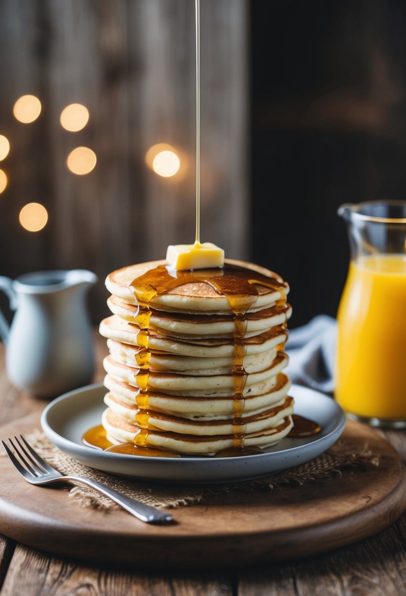 A stack of fluffy pancakes, topped with a drizzle of syrup and a pat of butter, sits on a rustic wooden table next to a pitcher of fresh orange juice