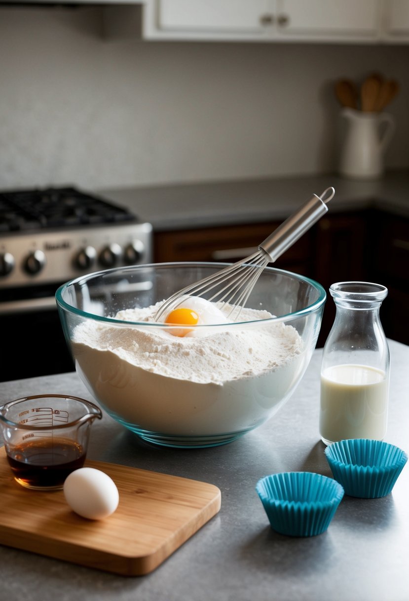 A mixing bowl with flour, sugar, and eggs. A measuring cup of milk and vanilla extract. A whisk and cupcake liners on a countertop