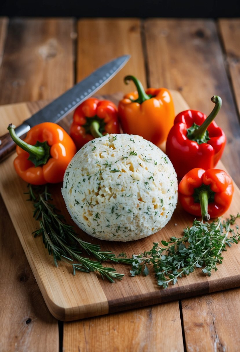 A cheese ball surrounded by roasted red peppers and herbs on a wooden cutting board