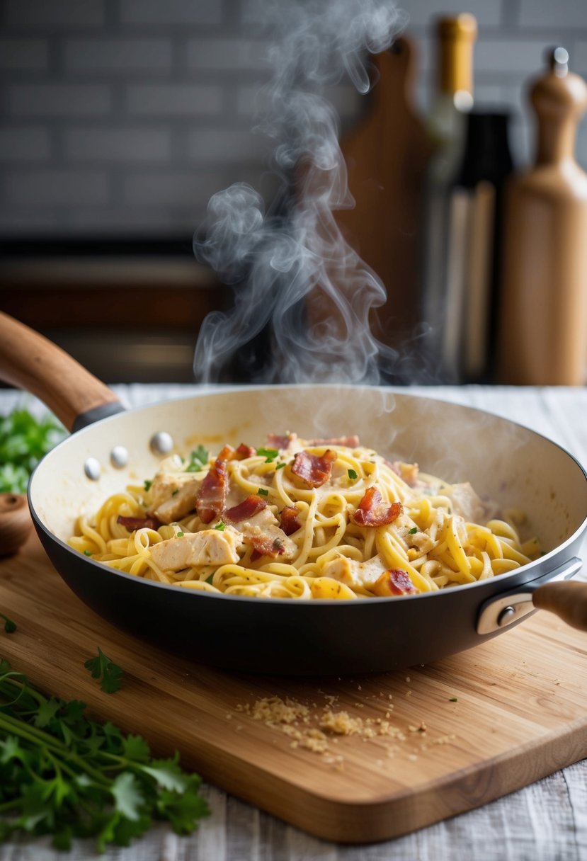 A sizzling pan of creamy bacon chicken pasta, steam rising. Ingredients scattered on a wooden cutting board. A cozy kitchen backdrop