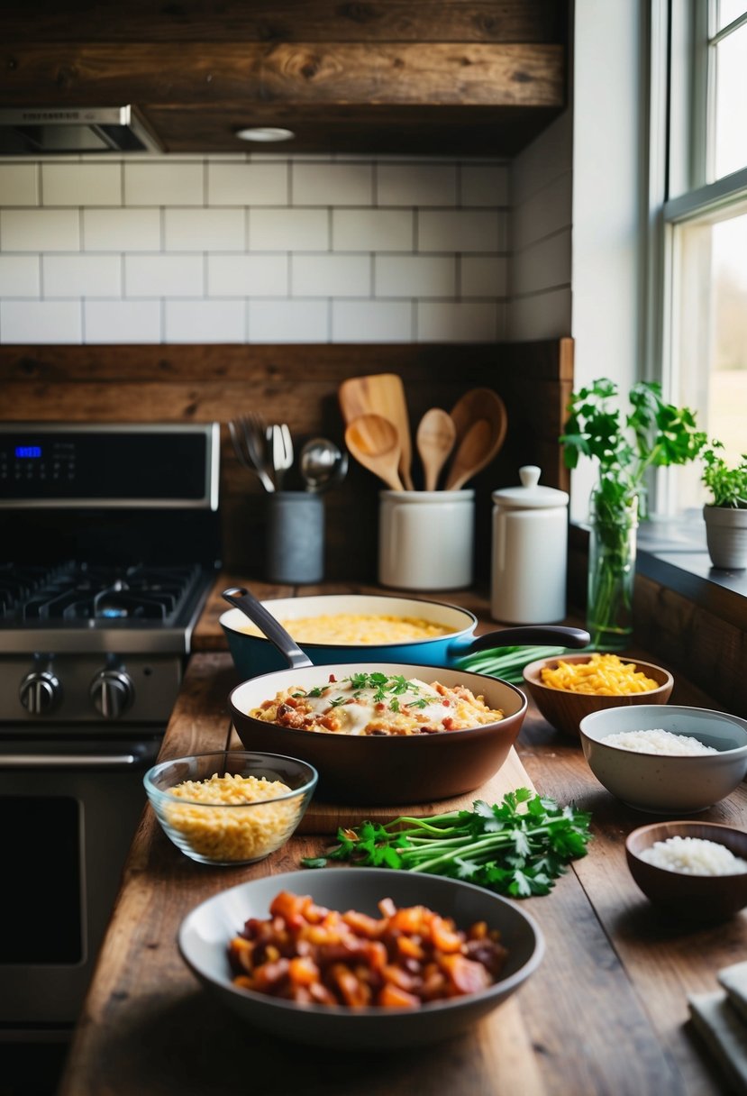 A rustic kitchen counter with ingredients and utensils for making Chicken Bacon Ranch Casserole