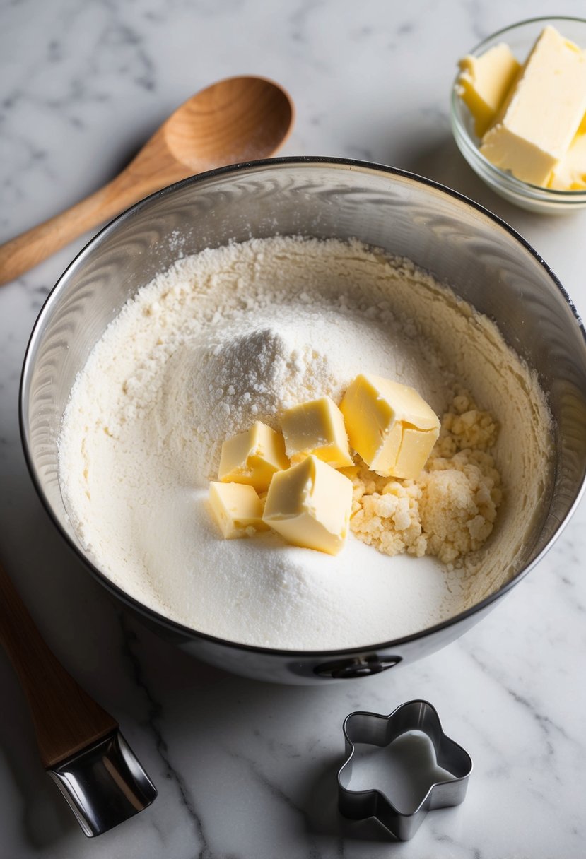 A mixing bowl filled with flour, sugar, and butter. A wooden spoon and cookie cutter sit nearby