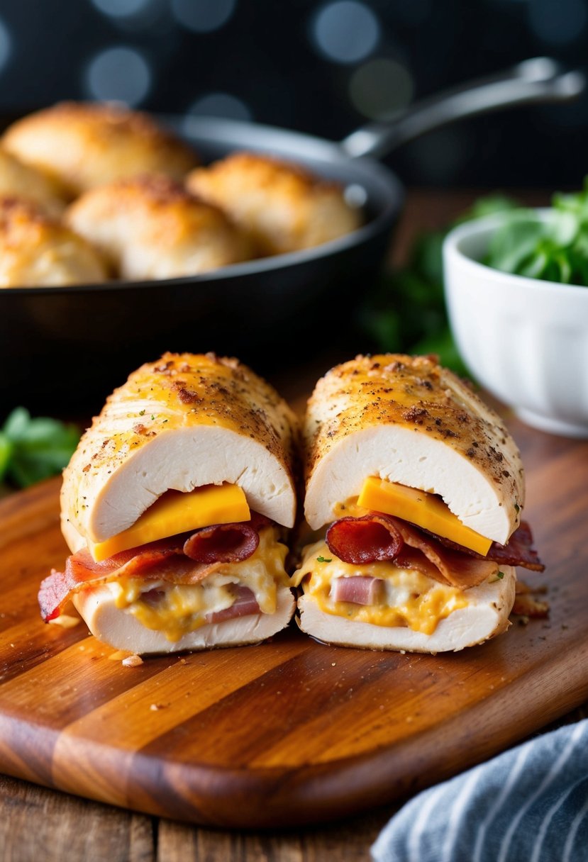 A chicken breast is split open and stuffed with bacon and cheddar, ready to be cooked