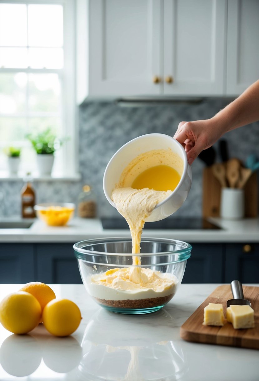 A no-bake cheesecake being prepared with ingredients and a mixing bowl on a kitchen counter