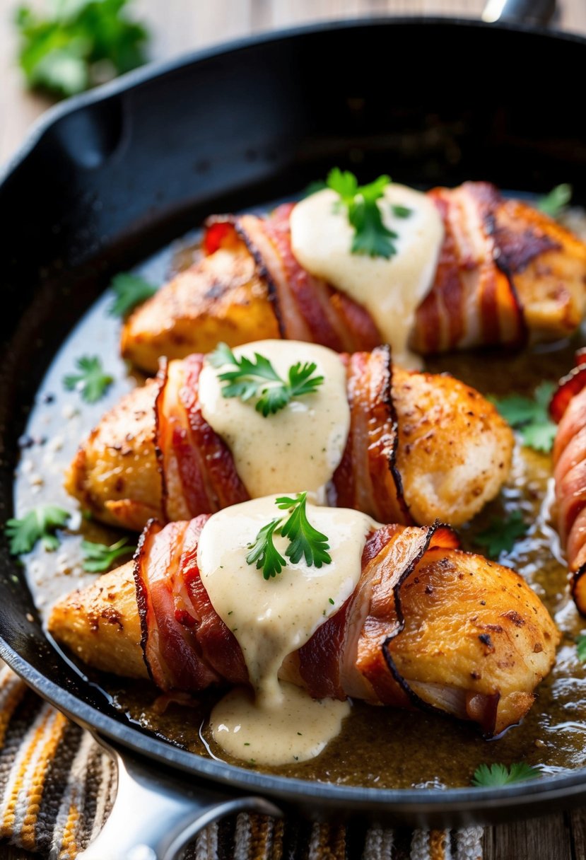 A sizzling skillet with golden-brown chicken breasts wrapped in crispy bacon, topped with a rich and creamy sauce