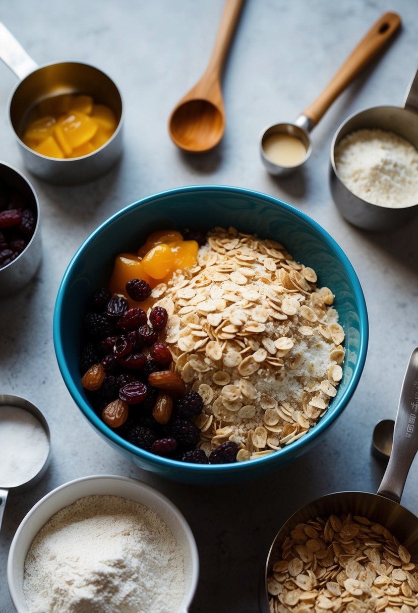 A mixing bowl filled with oats, raisins, and flour, surrounded by measuring cups and a wooden spoon