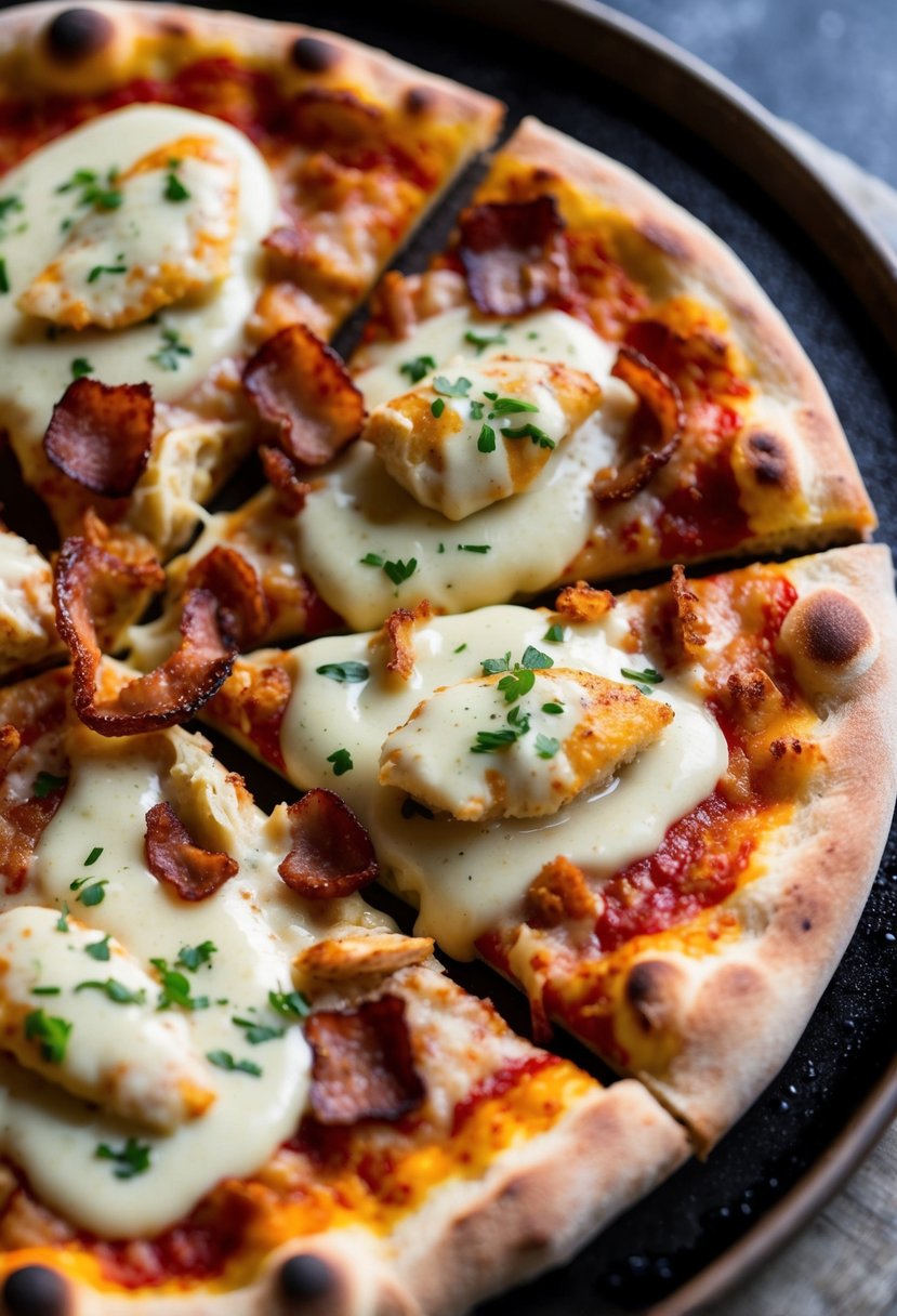 A sizzling pizza topped with creamy alfredo sauce, tender chicken, crispy bacon, and melted cheese, fresh out of the oven