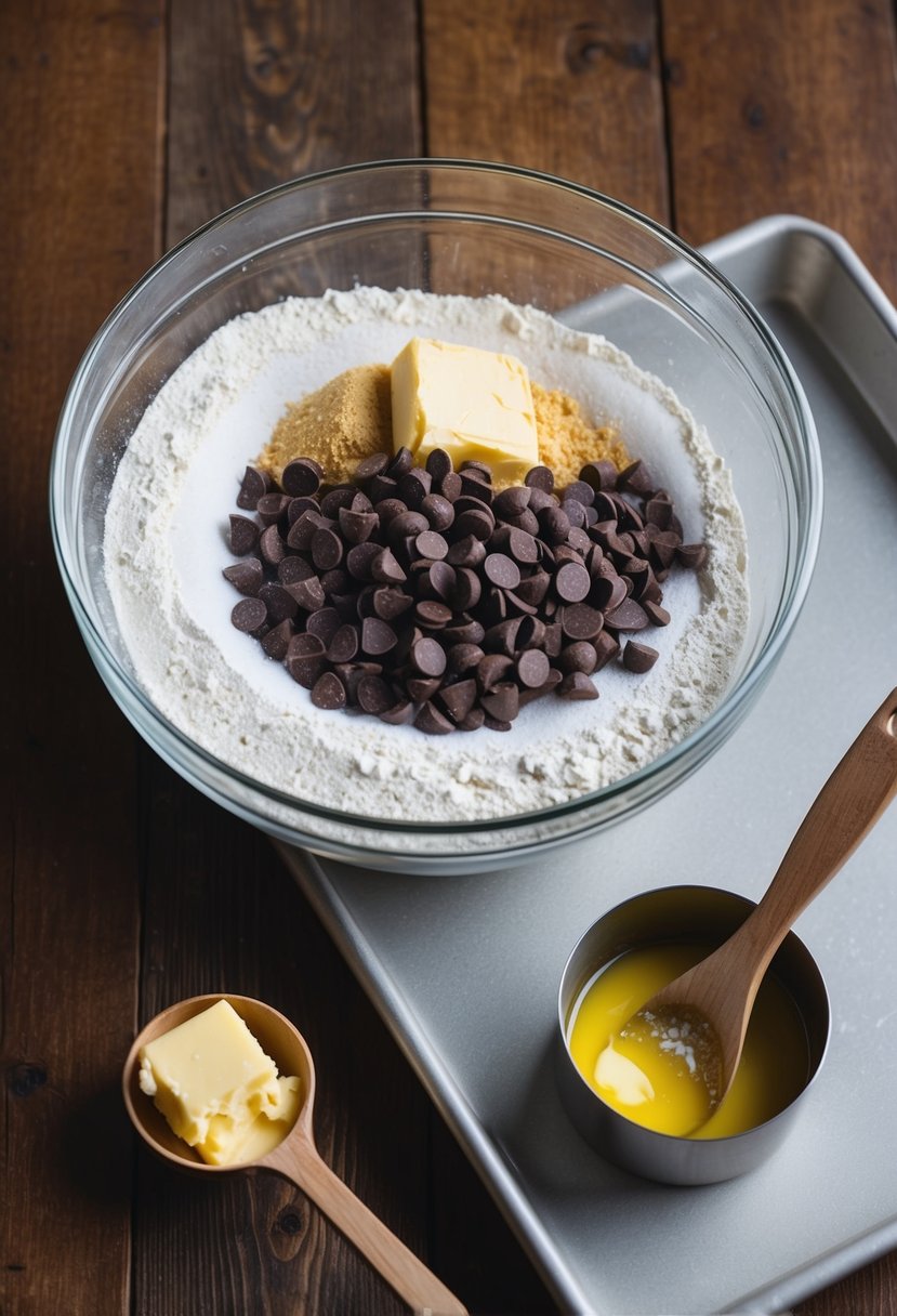 A mixing bowl filled with flour, sugar, and chocolate chips sits next to a measuring cup of melted butter. A wooden spoon and baking sheet complete the scene