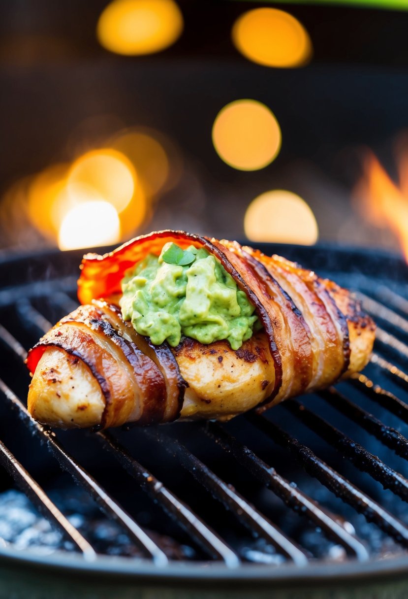 A plump chicken breast, stuffed with creamy guacamole, wrapped in crispy bacon, sizzling on a hot grill