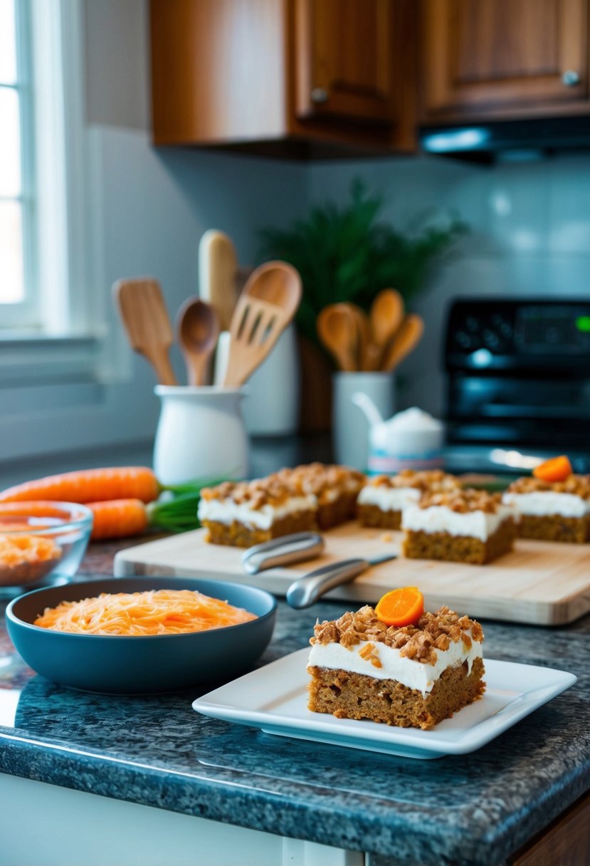 A kitchen counter with ingredients and utensils for carrot cake squares