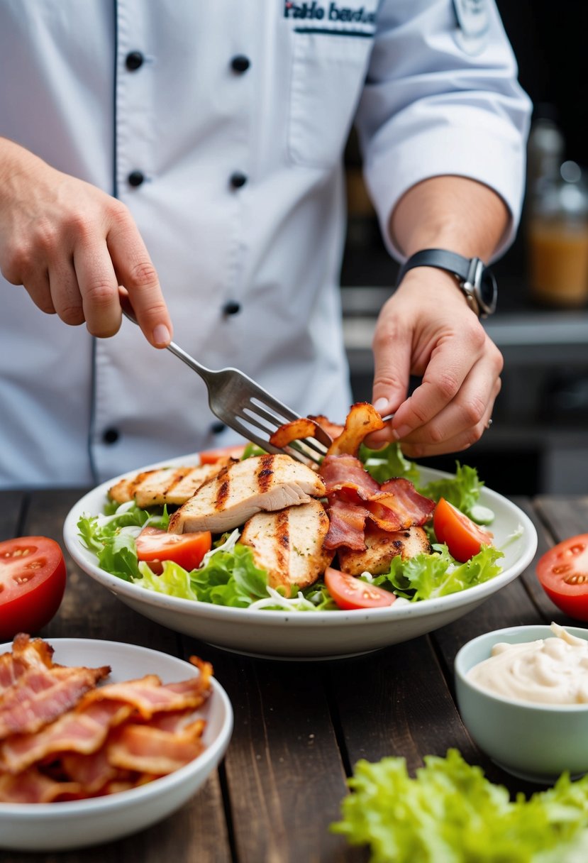 A chef grills chicken and bacon, then tosses them with lettuce, tomato, and mayonnaise to create a mouthwatering BLT chicken salad