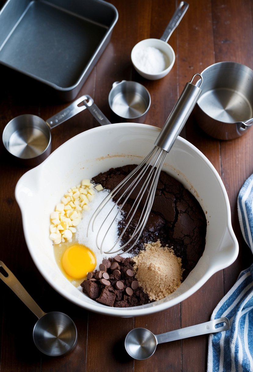 A mixing bowl filled with ingredients for brownies, surrounded by measuring cups and spoons, a whisk, and a baking pan