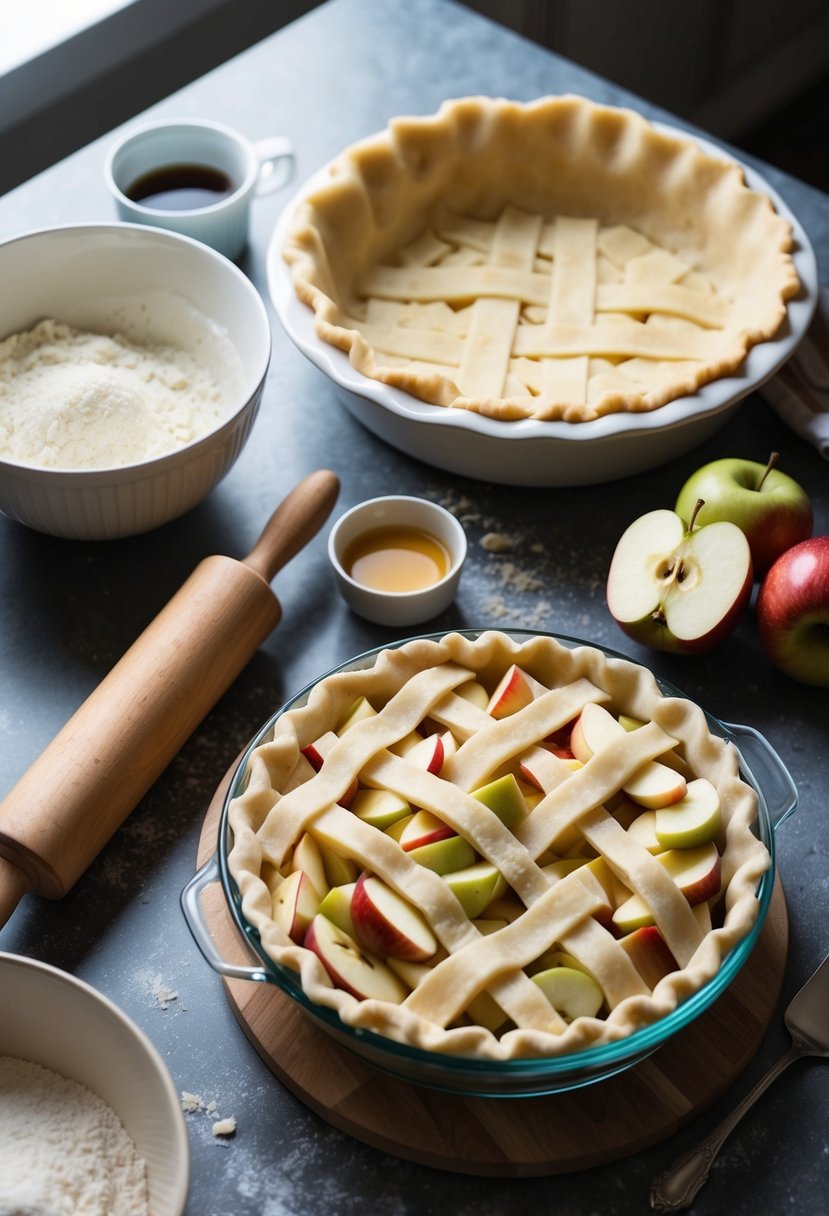 A tabletop with ingredients and a mixing bowl, a rolling pin and dough, a pie dish filled with sliced apples, and a lattice crust on top