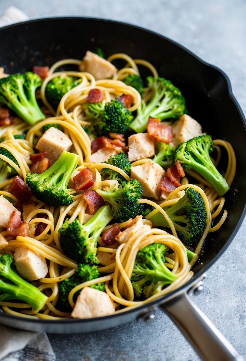 A skillet sizzling with diced bacon, chunks of chicken, and vibrant green broccoli, all tossed with twirling strands of pasta