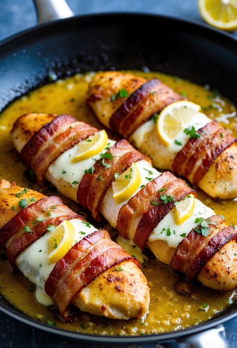 A sizzling skillet with golden-brown chicken breasts wrapped in crispy bacon, drizzled with a zesty lemon garlic sauce