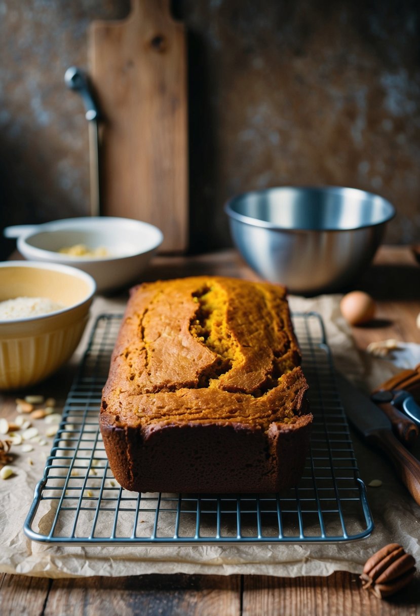 A rustic kitchen counter with a freshly baked loaf of moist pumpkin bread cooling on a wire rack, surrounded by scattered ingredients and a vintage mixing bowl