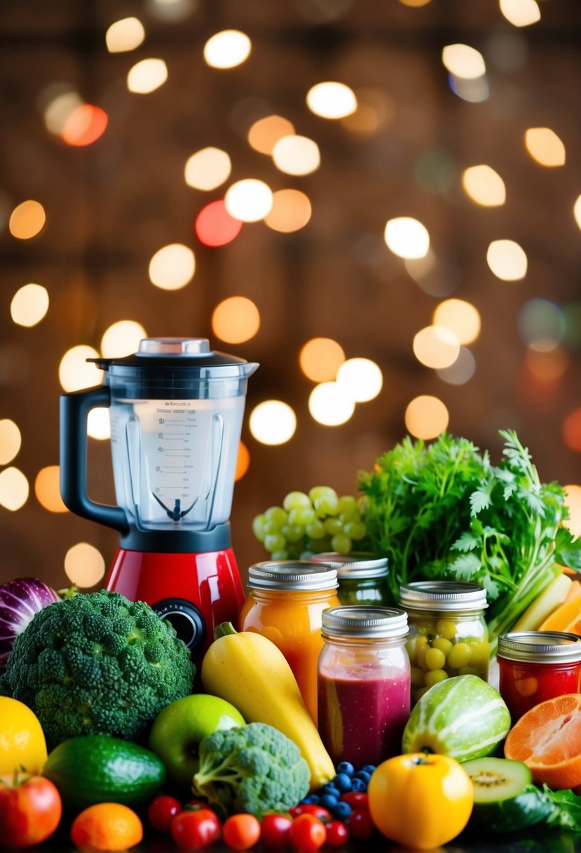 A colorful array of fresh fruits and vegetables, a blender, and small jars for homemade baby food