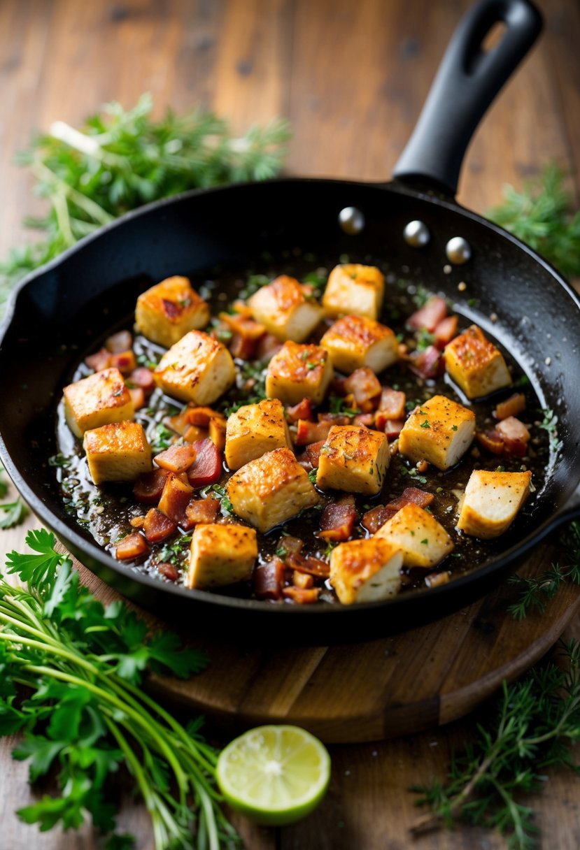 A sizzling skillet with diced bacon and seasoned chicken pieces, surrounded by fresh herbs and spices