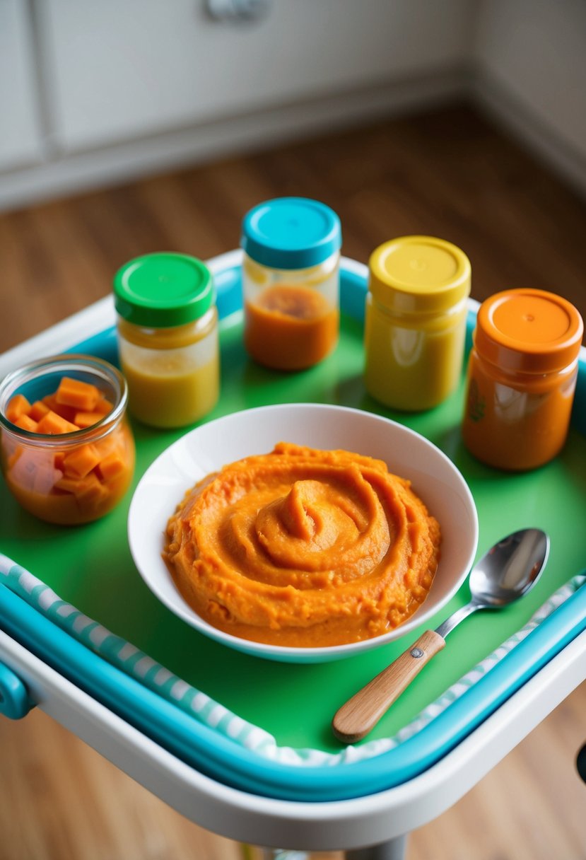 A bowl of sweet potato and carrot purée sits on a high chair tray, surrounded by colorful baby food jars and a spoon